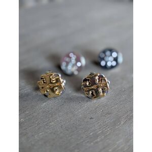 TORY BURCH Gold Silver Two Tone Double T Logo Flower Stud Earrings